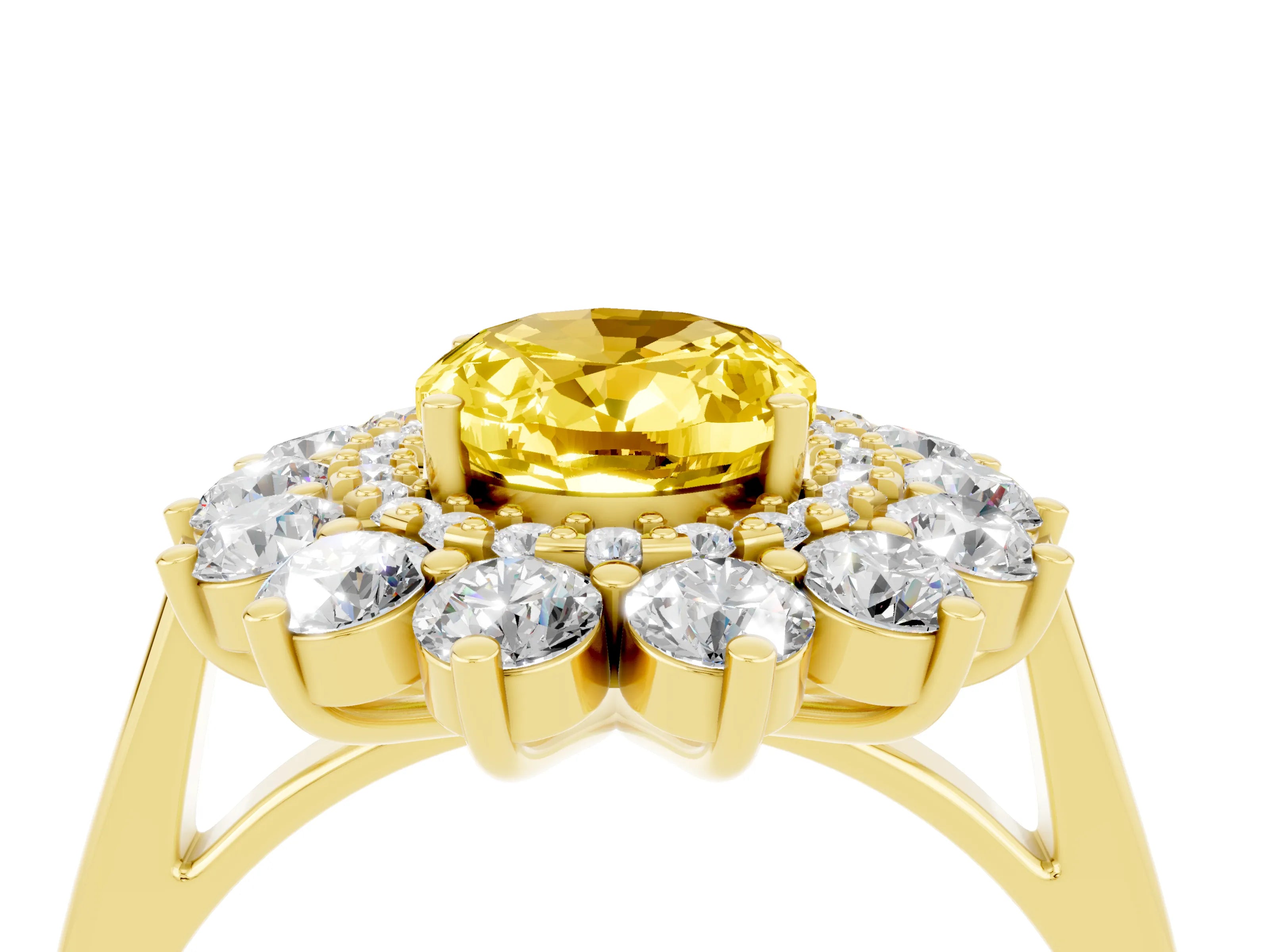 Yellow gold Oval Cut Halo Cluster Diamond Ring with Pave Band and Four-Prong Setting_4
