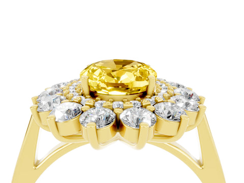 Yellow gold Oval Cut Halo Cluster Diamond Ring with Pave Band and Four-Prong Setting_4
