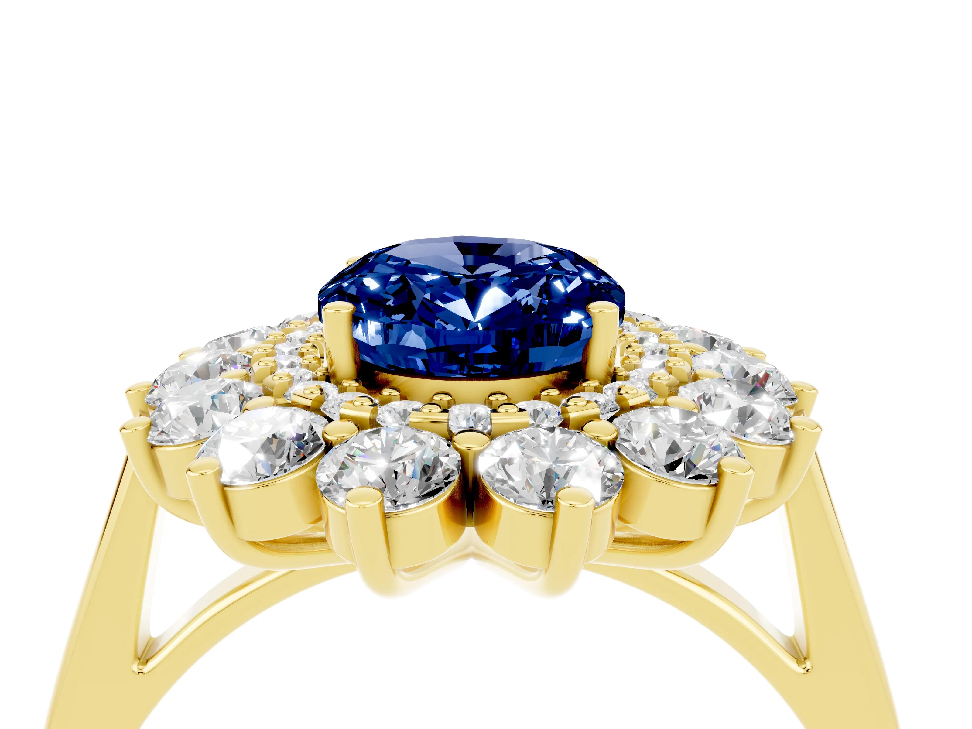 Yellow gold Oval Cut Halo Cluster Diamond Ring with Pave Band and Four-Prong Setting_4