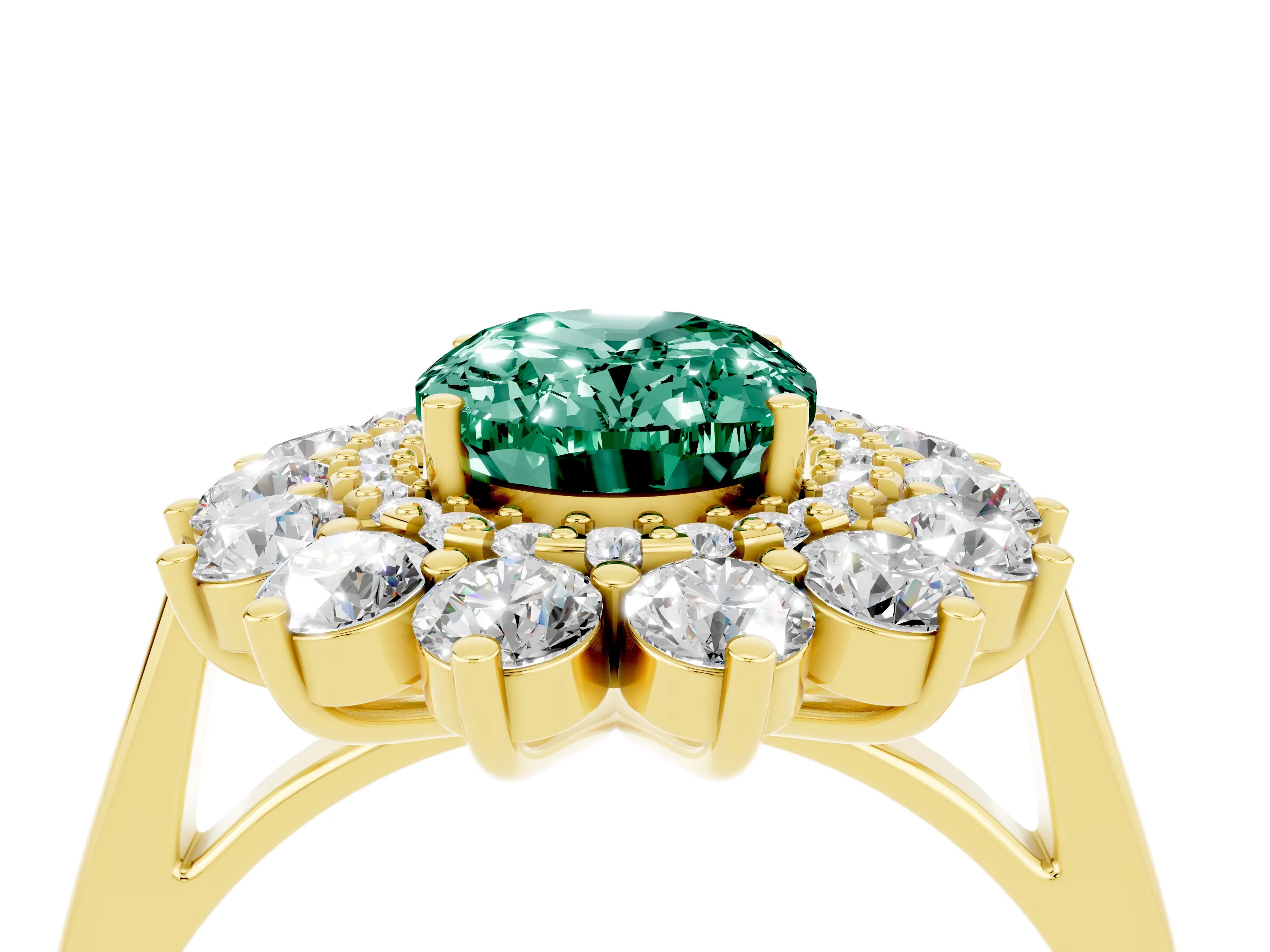 Yellow gold Oval Cut Halo Cluster Diamond Ring with Pave Band and Four-Prong Setting_4