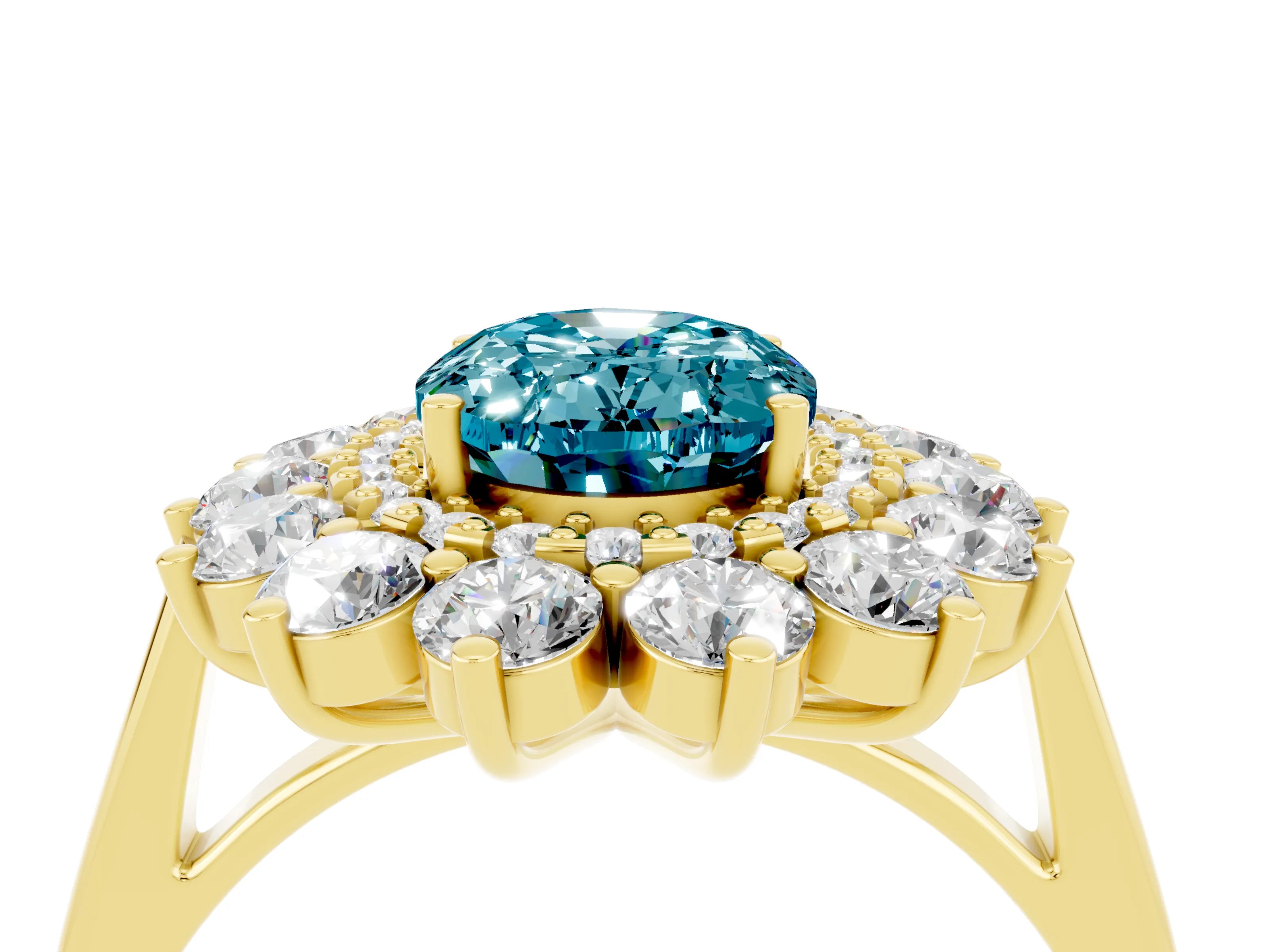Yellow gold Oval Cut Halo Cluster Diamond Ring with Pave Band and Four-Prong Setting_4