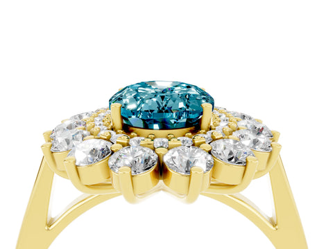 Yellow gold Oval Cut Halo Cluster Diamond Ring with Pave Band and Four-Prong Setting_4