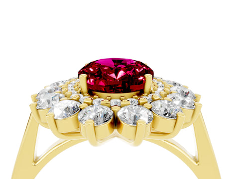 Yellow gold Oval Cut Halo Cluster Diamond Ring with Pave Band and Four-Prong Setting_4