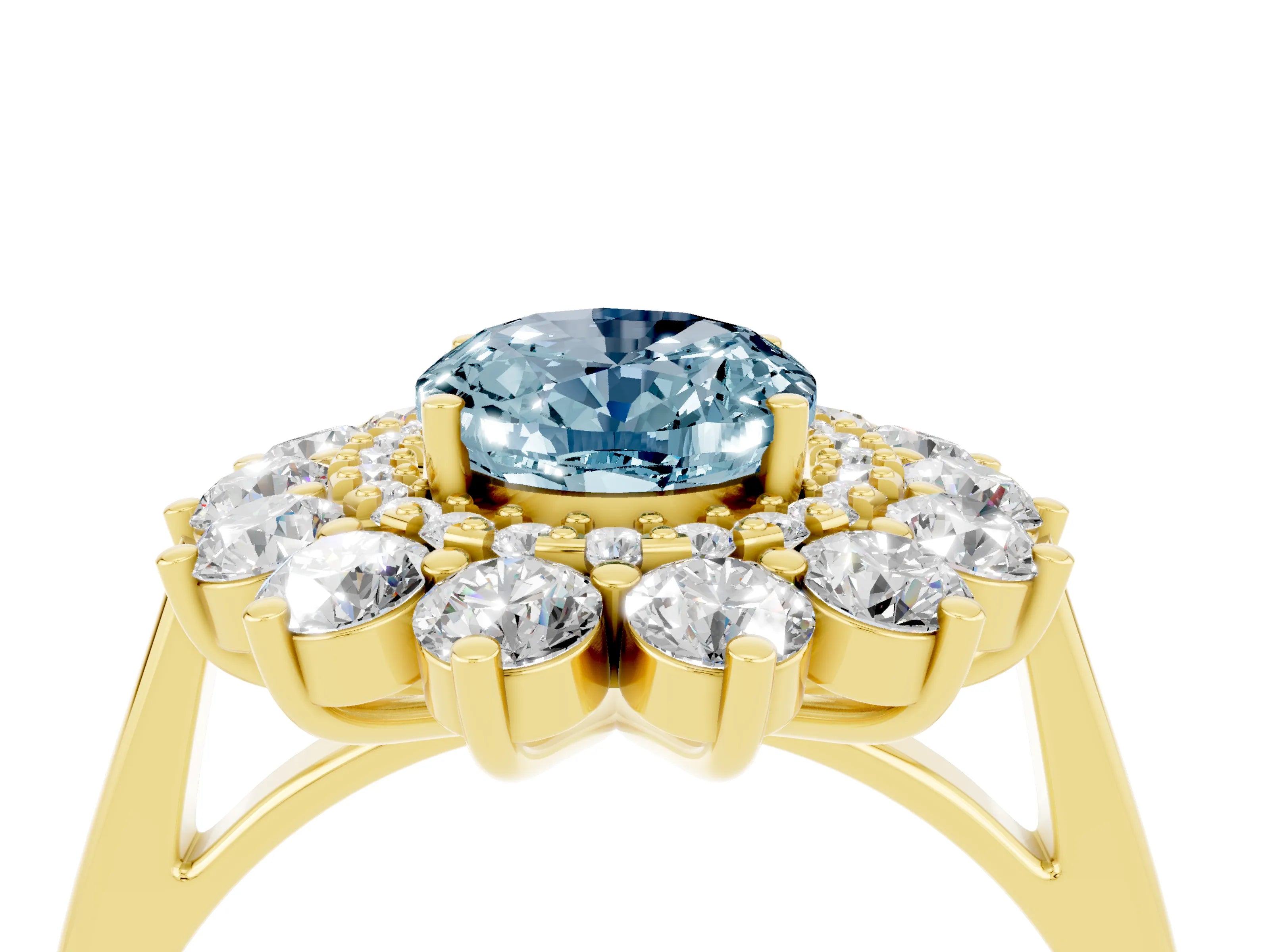 Yellow gold Oval Cut Halo Cluster Diamond Ring with Pave Band and Four-Prong Setting_4