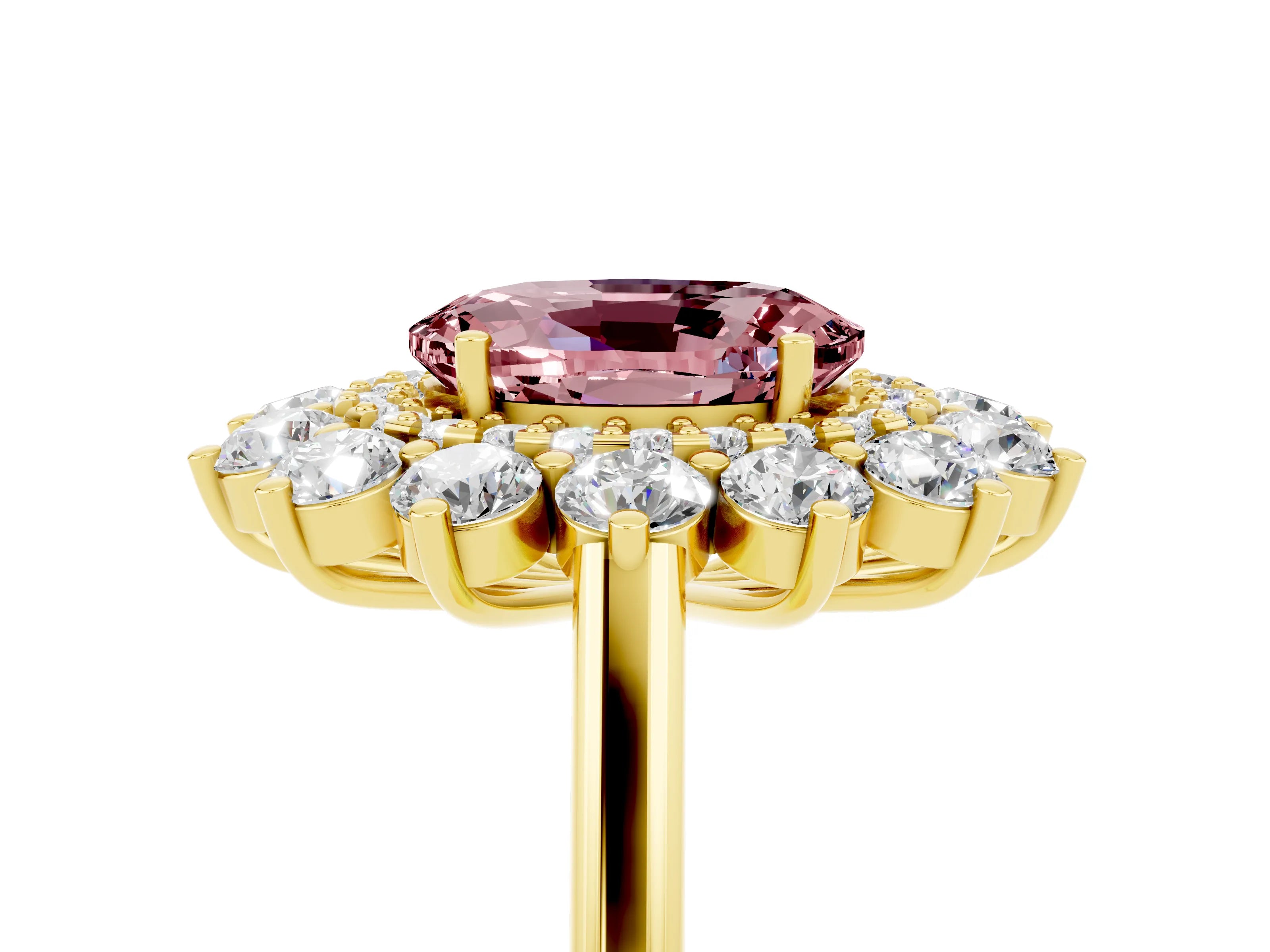 Yellow gold Oval Cut Halo Cluster Diamond Ring with Pave Band and Four-Prong Setting_5