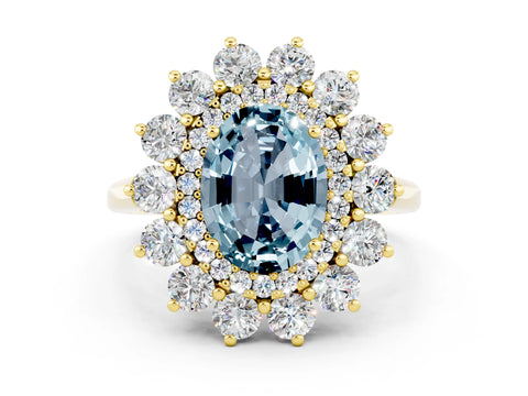 Yellow gold Oval Cut Halo Cluster Diamond Ring with Pave Band and Four-Prong Setting