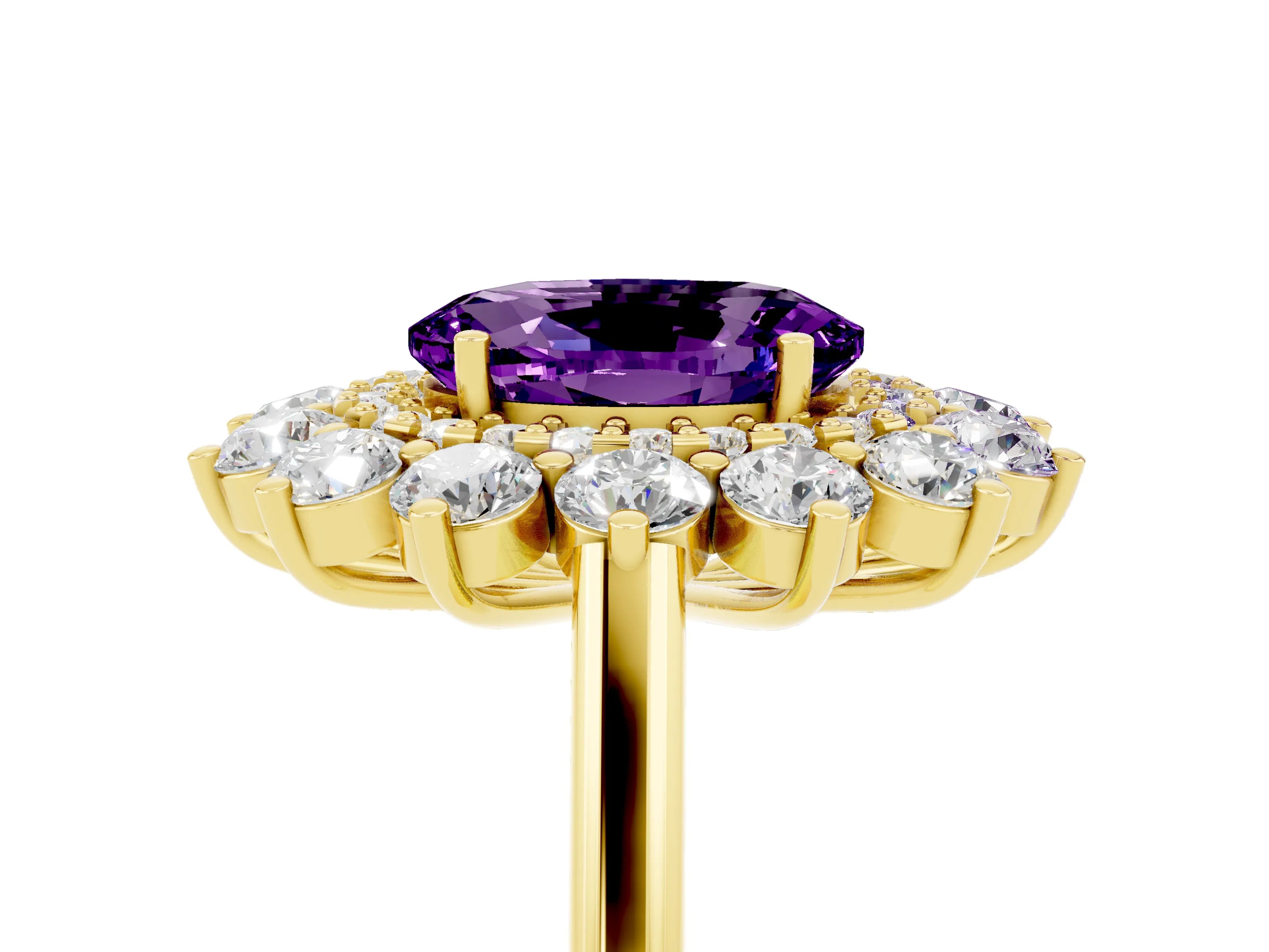 Yellow gold Oval Cut Halo Cluster Diamond Ring with Pave Band and Four-Prong Setting_5