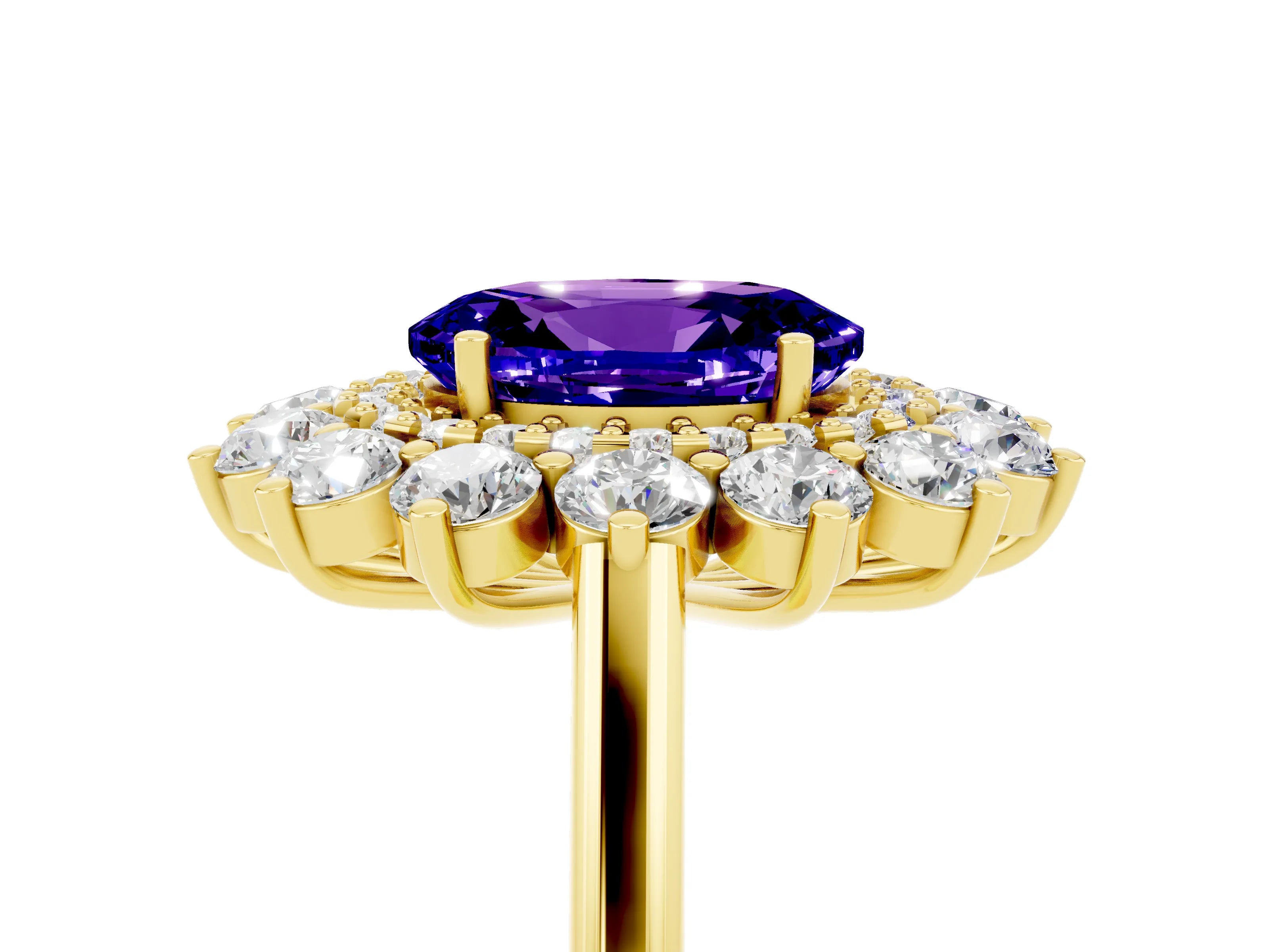 Yellow gold Oval Cut Halo Cluster Diamond Ring with Pave Band and Four-Prong Setting_5