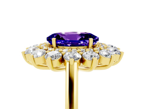 Yellow gold Oval Cut Halo Cluster Diamond Ring with Pave Band and Four-Prong Setting_5