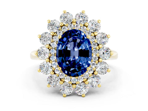 Yellow gold Oval Cut Halo Cluster Diamond Ring with Pave Band and Four-Prong Setting