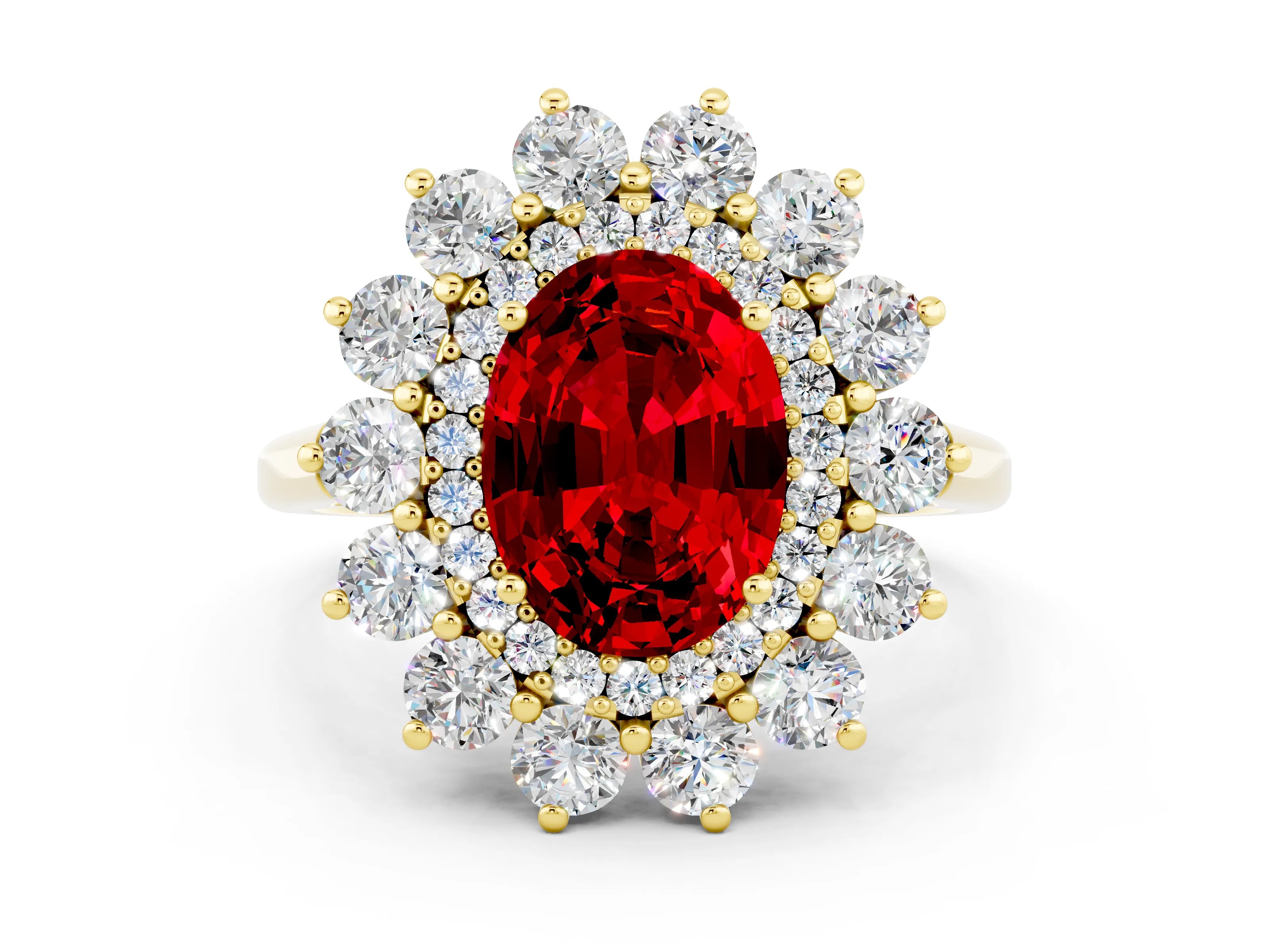 Yellow gold Oval Cut Halo Cluster Diamond Ring with Pave Band and Four-Prong Setting