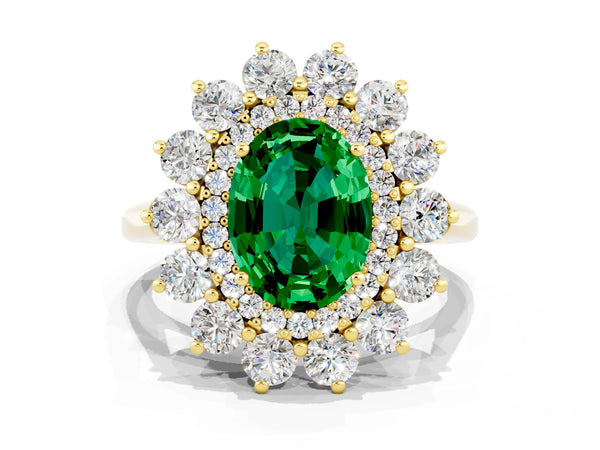 Yellow gold Oval Cut Emerald Floral Double Halo Engagement Ring with Prong Setting