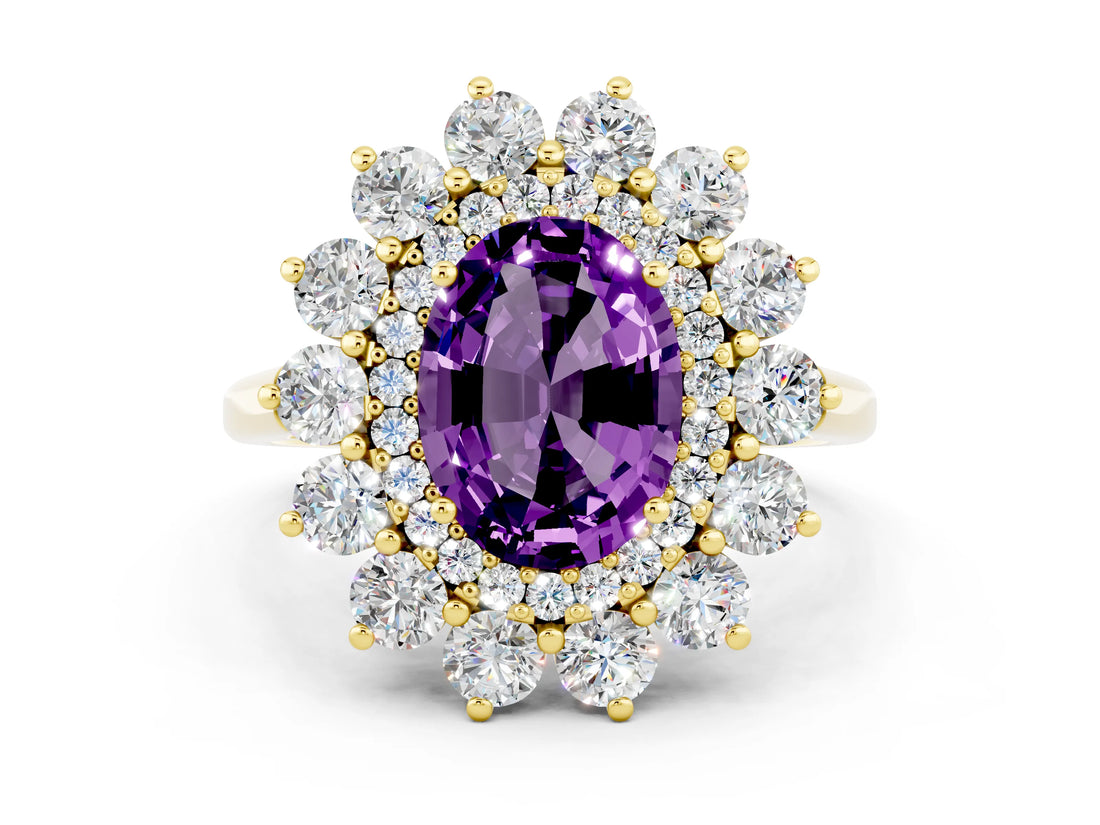 Yellow gold Oval Cut Halo Cluster Diamond Ring with Pave Band and Four-Prong Setting_6