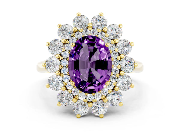 Yellow gold Oval Cut Amethyst Floral Double Halo Engagement Ring with Prong Setting