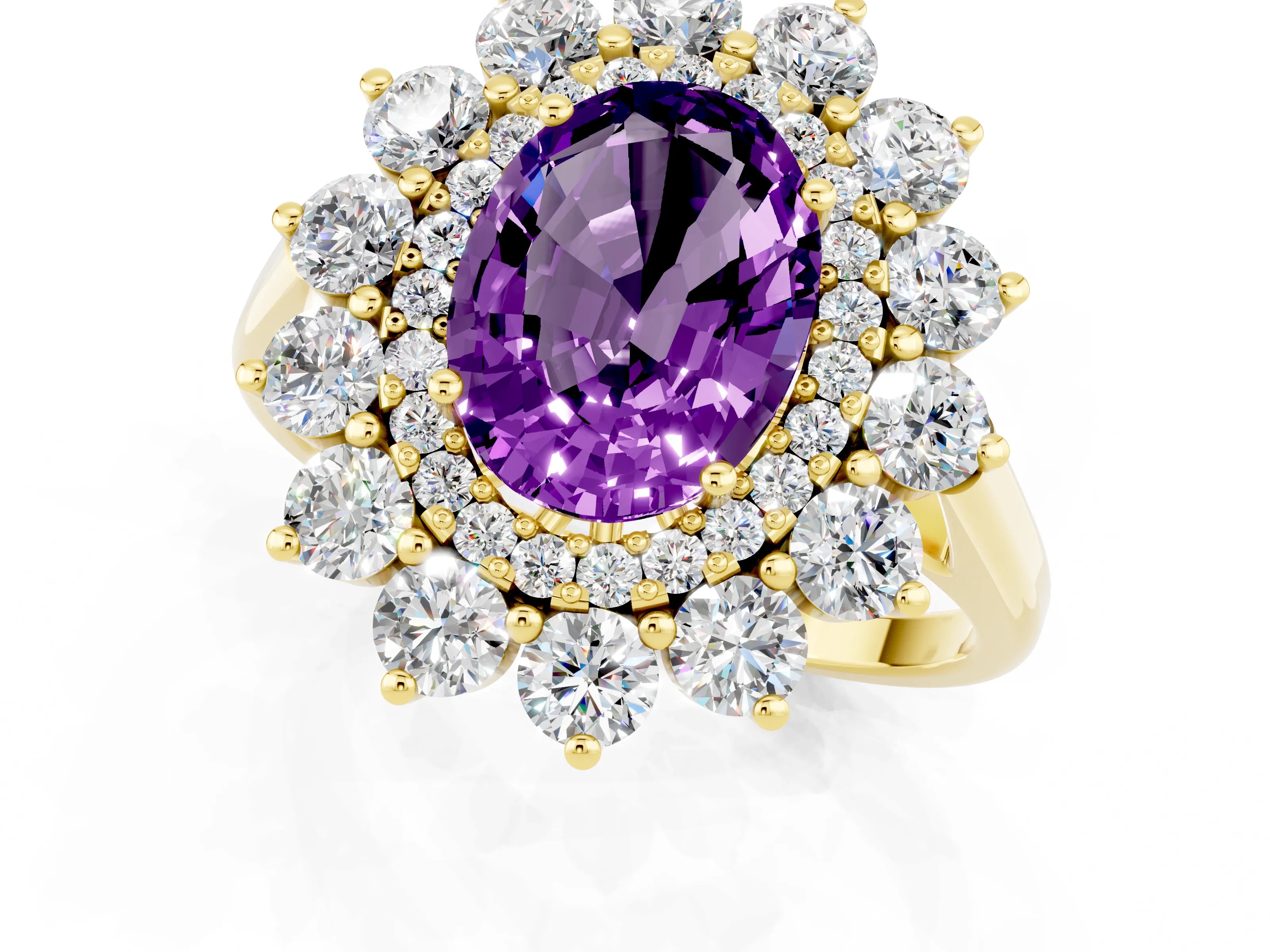 Yellow gold Oval Cut Halo Cluster Diamond Ring with Pave Band and Four-Prong Setting_7