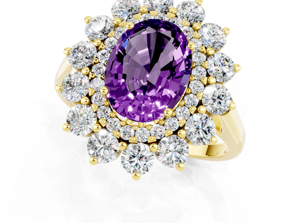 Yellow gold Oval Cut Amethyst Floral Double Halo Engagement Ring with Prong Setting
