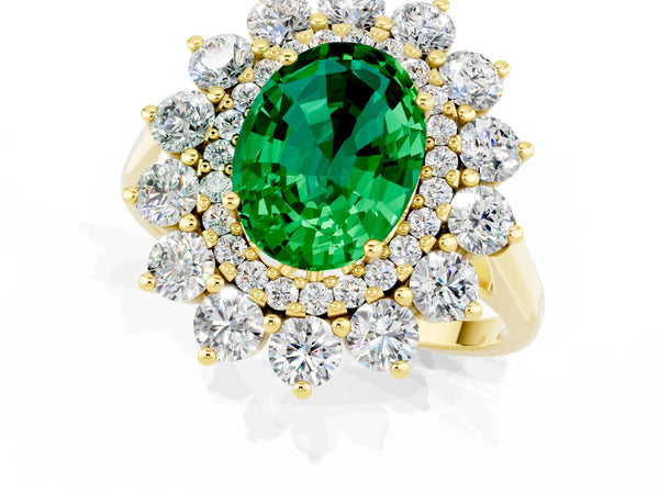 Yellow gold Oval Cut Emerald Floral Double Halo Engagement Ring with Prong Setting