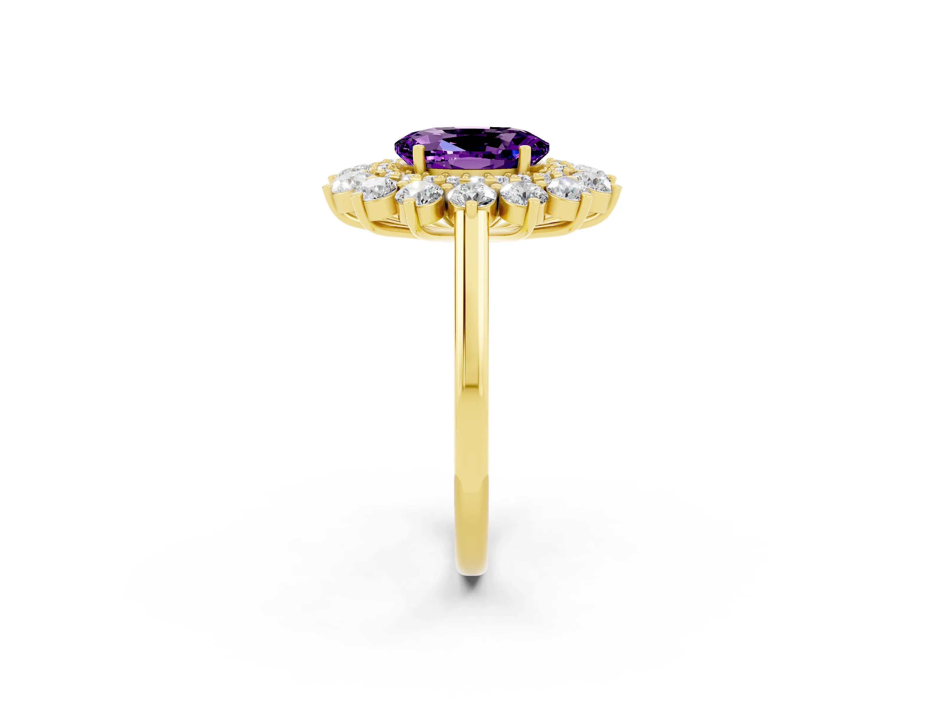 Yellow gold Oval Cut Halo Cluster Diamond Ring with Pave Band and Four-Prong Setting_8