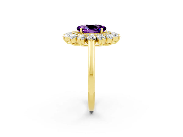 Yellow gold Oval Cut Amethyst Floral Double Halo Engagement Ring with Prong Setting