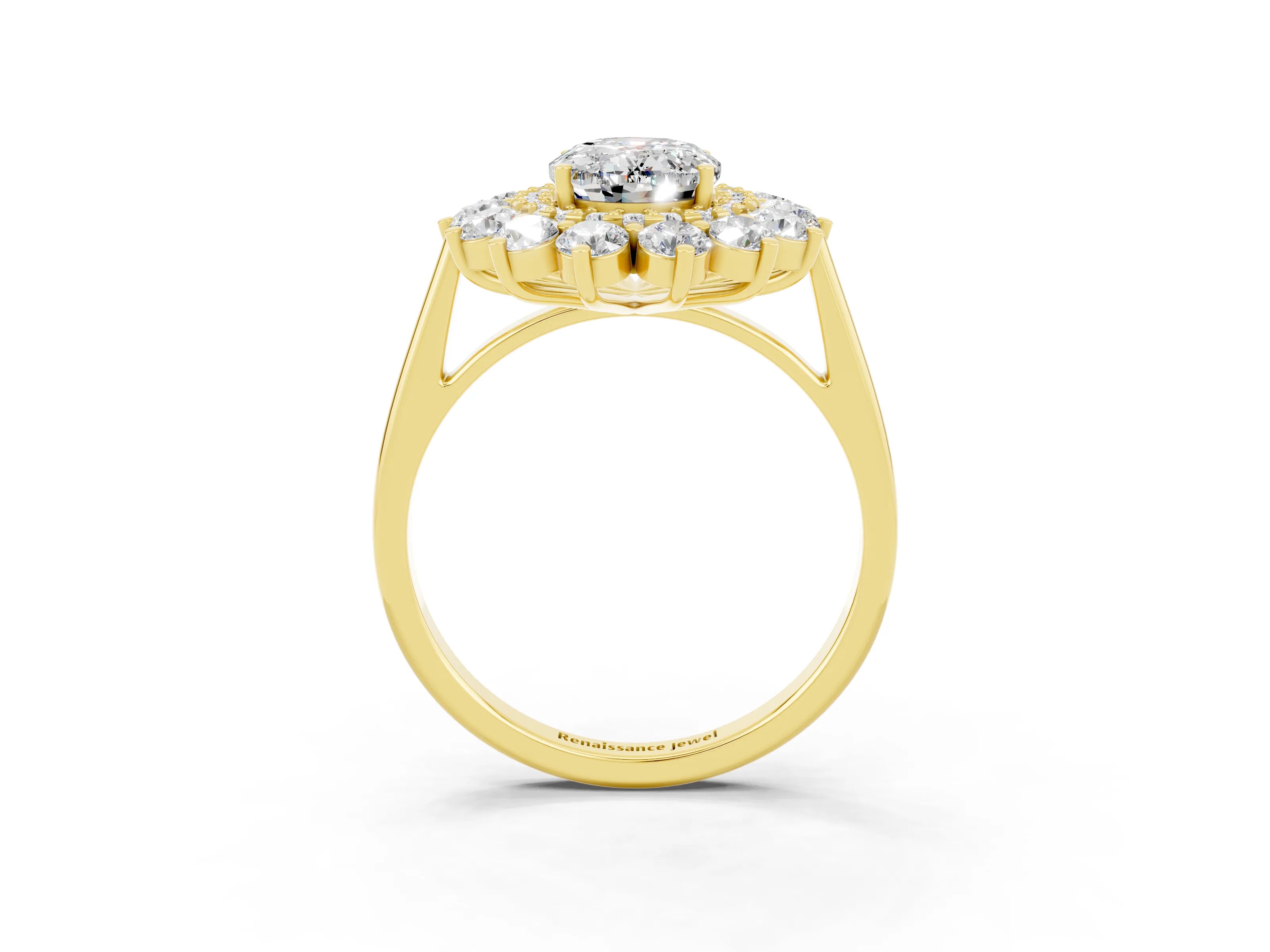 Yellow gold Oval Cut Halo Cluster Diamond Ring with Pave Band and Four-Prong Setting_9