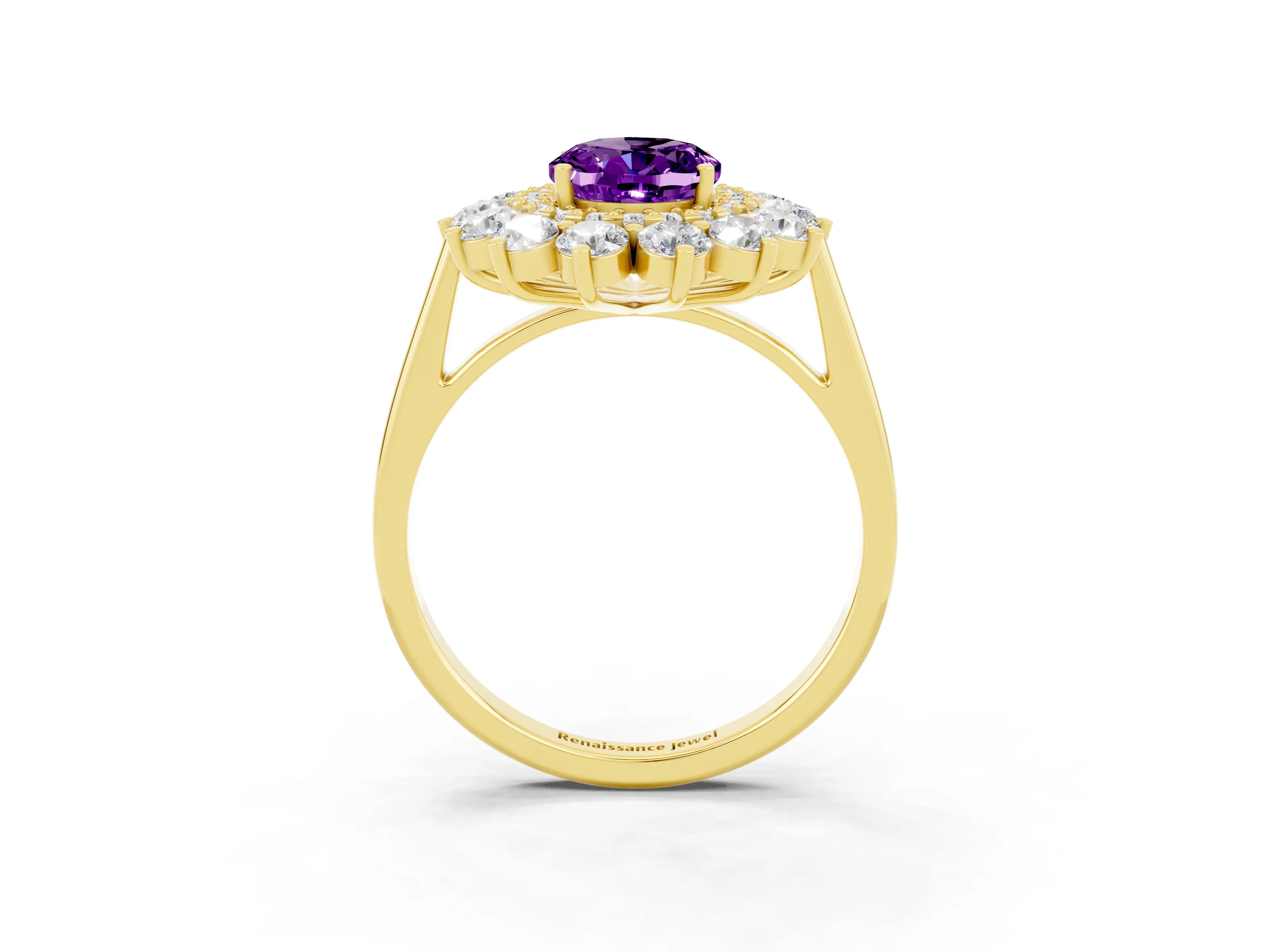 Yellow gold Oval Cut Halo Cluster Diamond Ring with Pave Band and Four-Prong Setting_9