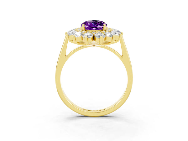 Yellow gold Oval Cut Amethyst Floral Double Halo Engagement Ring with Prong Setting