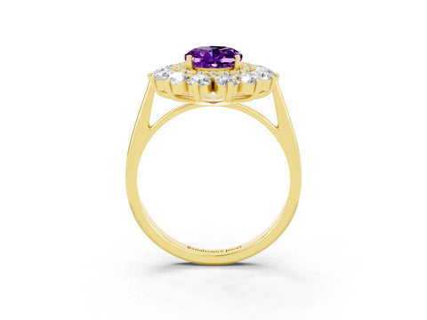 Yellow gold Oval Cut Halo Cluster Diamond Ring with Pave Band and Four-Prong Setting_9