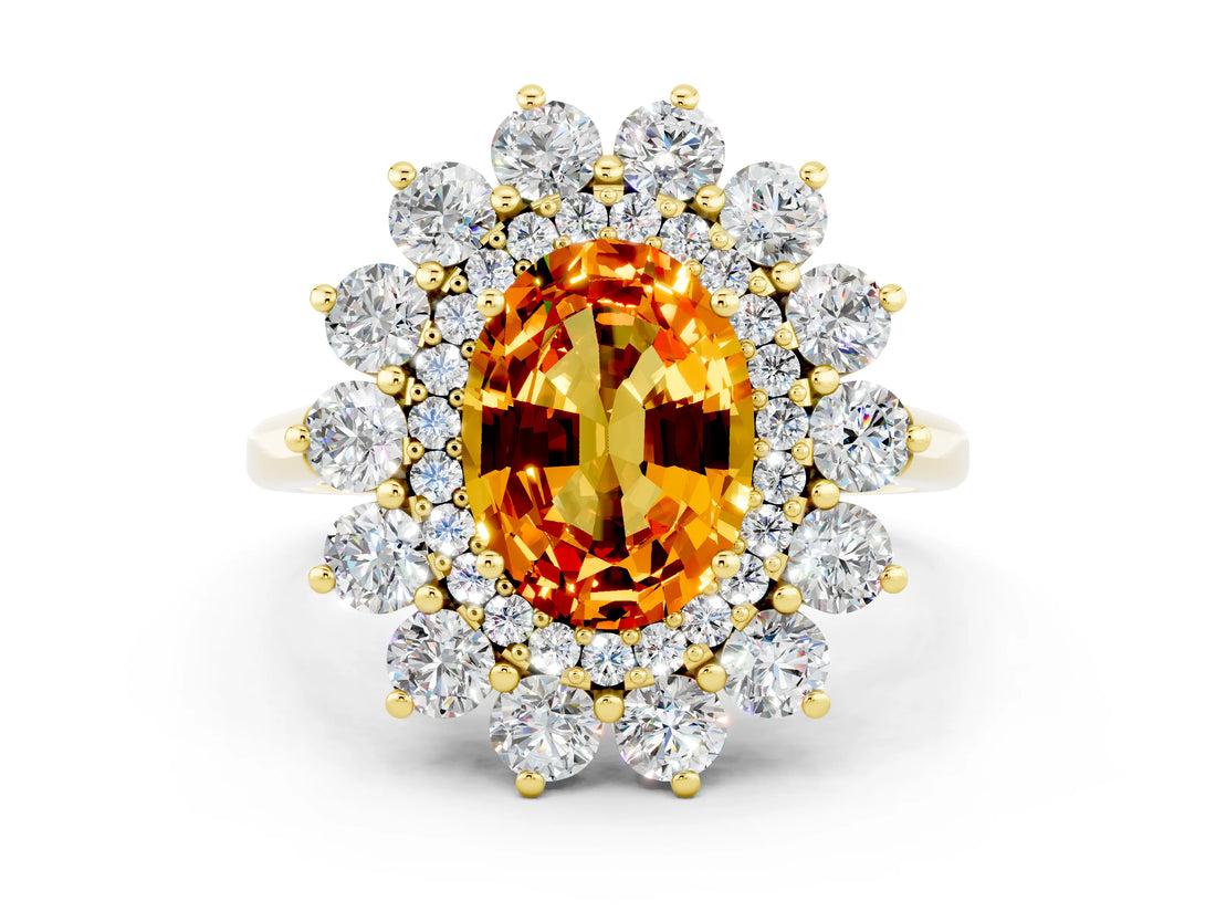 Yellow gold Oval Cut Halo Cluster Diamond Ring with Pave Band and Four-Prong Setting