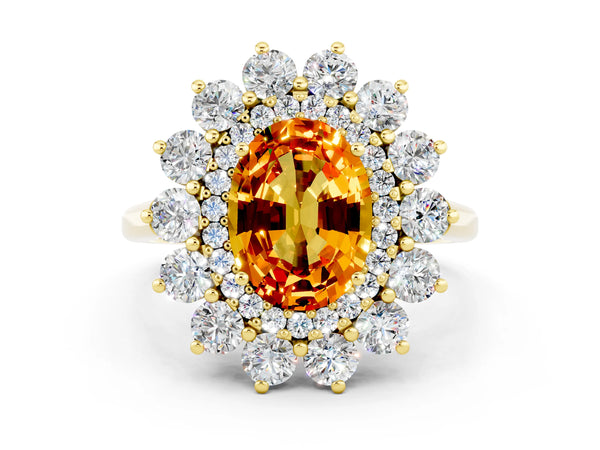 Yellow gold Oval Cut Citrine Floral Double Halo Engagement Ring with Prong Setting