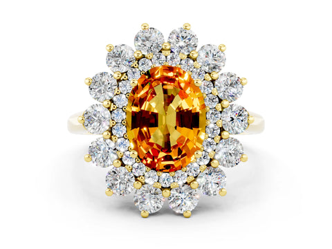 Yellow gold Oval Cut Halo Cluster Diamond Ring with Pave Band and Four-Prong Setting