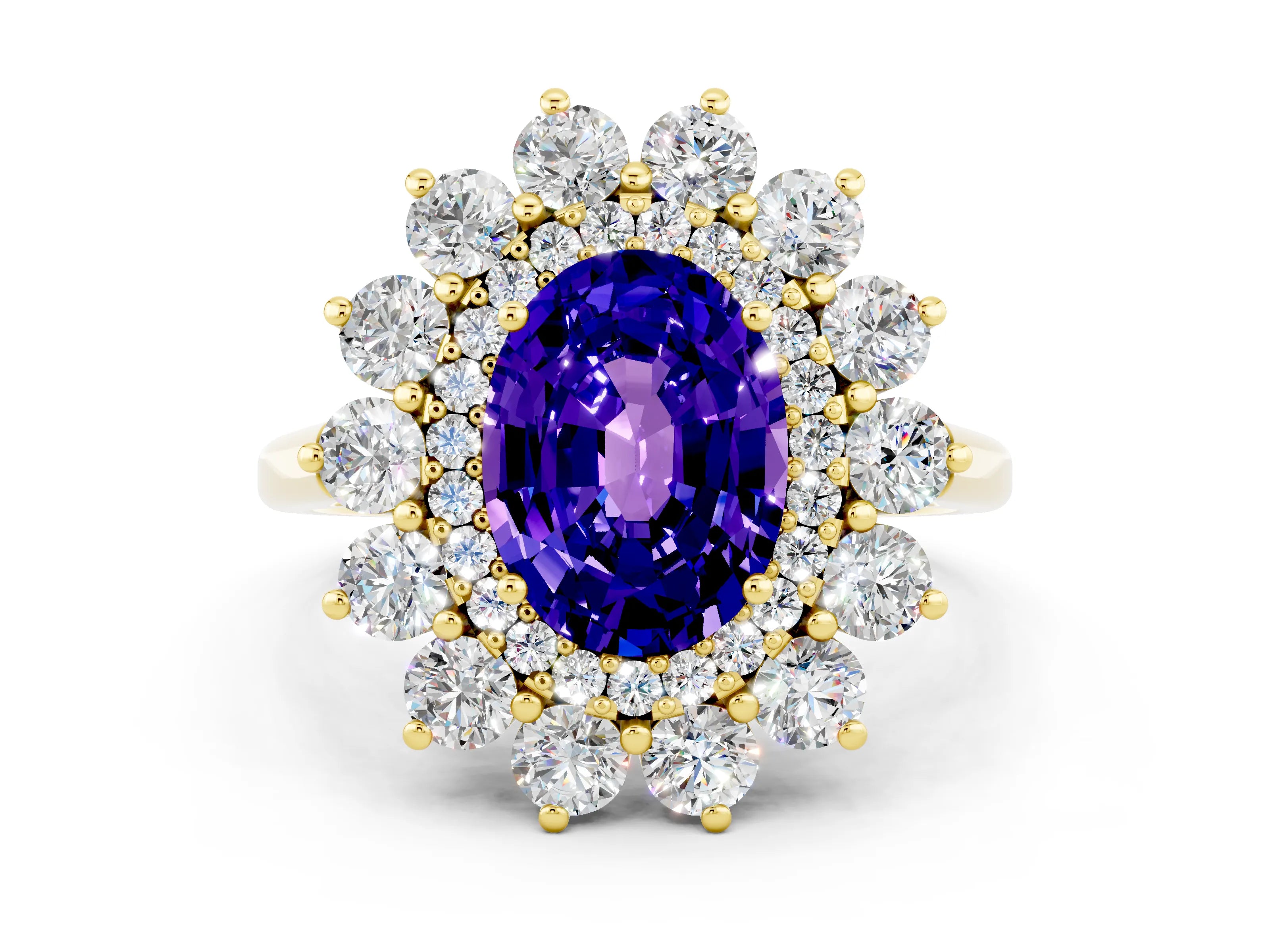 Yellow gold Oval Cut Halo Cluster Diamond Ring with Pave Band and Four-Prong Setting