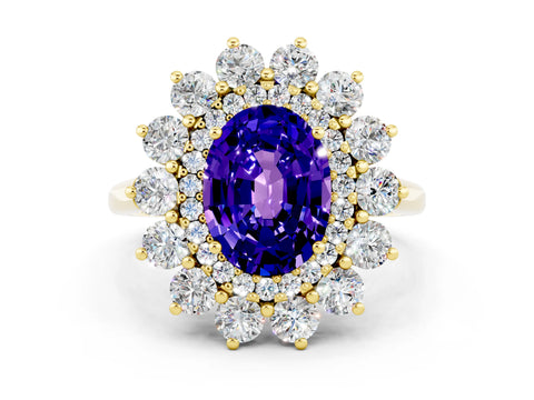 Yellow gold Oval Cut Halo Cluster Diamond Ring with Pave Band and Four-Prong Setting