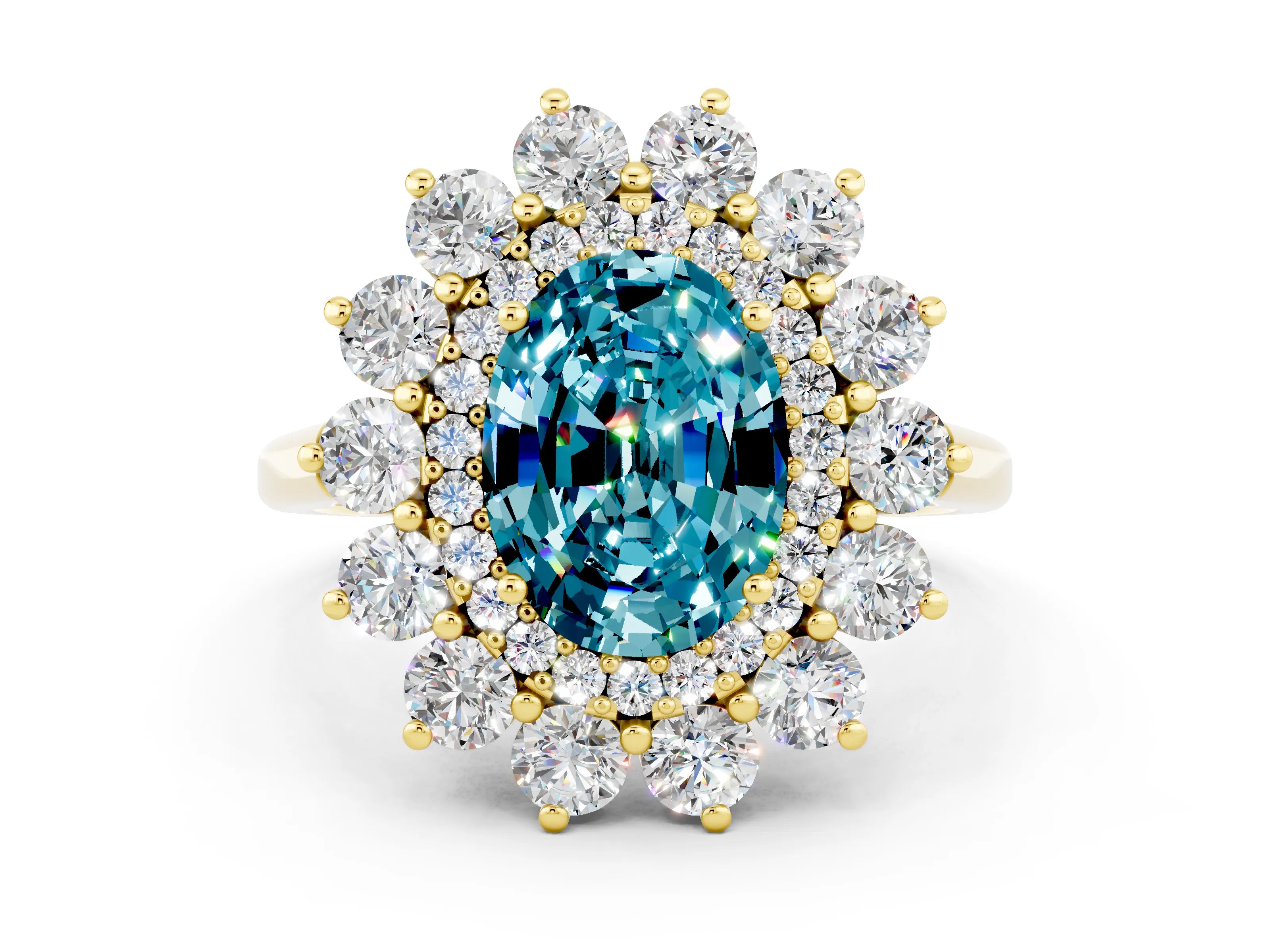 Yellow gold Oval Cut Halo Cluster Diamond Ring with Pave Band and Four-Prong Setting