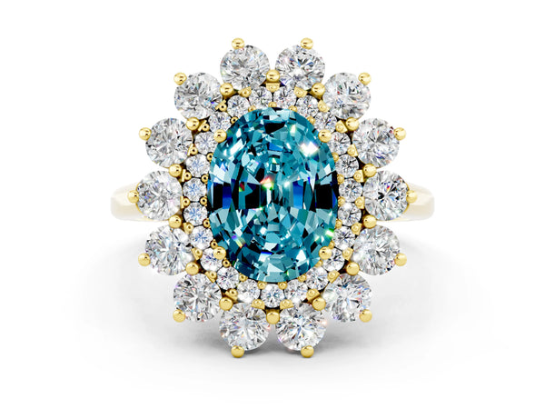 Yellow gold Oval Cut Halo Cluster Diamond Ring with Pave Band and Four-Prong Setting