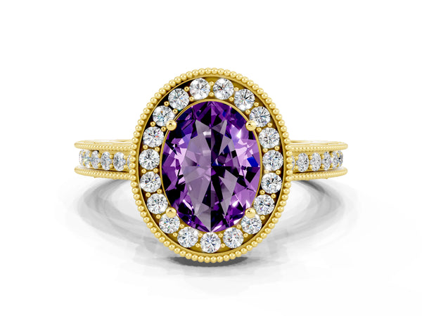 Yellow gold Oval Cut Amethyst Milgrain Halo Engagement Ring with Round Pavé Band and Prong Setting