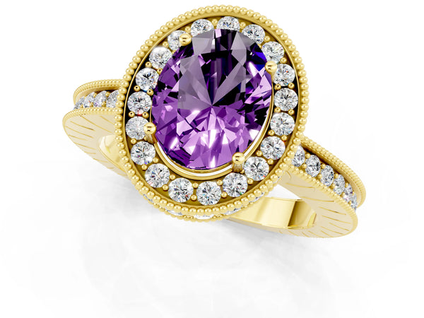 Yellow gold Oval Cut Amethyst Milgrain Halo Engagement Ring with Round Pavé Band and Prong Setting