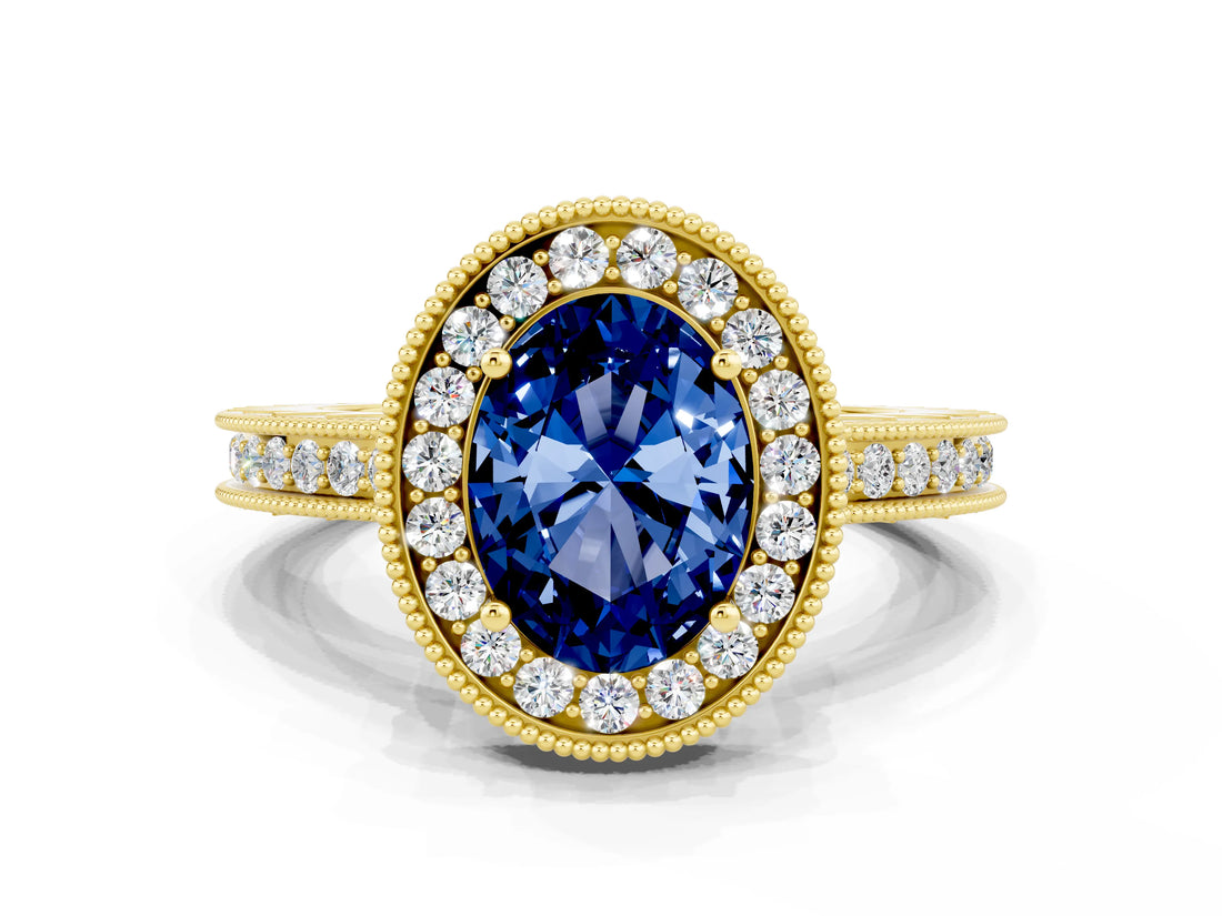 Yellow gold Oval Cut Halo Diamond Engagement Ring with Milgrain Pave Band and Four-Prong Setting