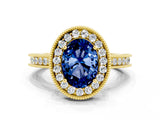 Yellow gold Oval Cut Halo Diamond Engagement Ring with Milgrain Pave Band and Four-Prong Setting