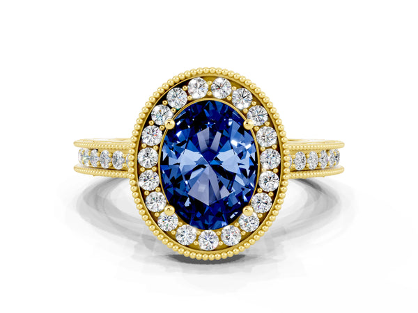 Yellow gold Oval Cut Halo Diamond Engagement Ring with Milgrain Pave Band and Four-Prong Setting