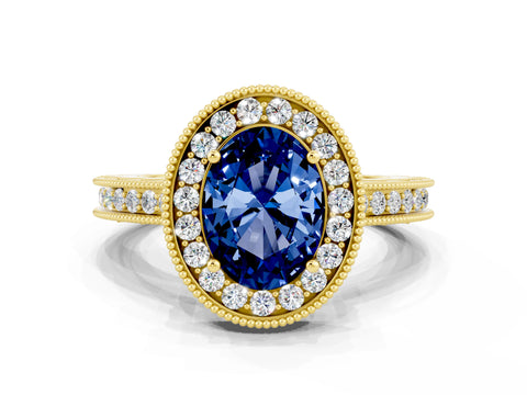 Yellow gold Oval Cut Halo Diamond Engagement Ring with Milgrain Pave Band and Four-Prong Setting