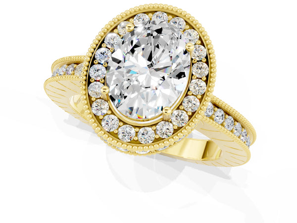 Yellow gold Oval Cut Halo Diamond Engagement Ring with Milgrain Pave Band and Four-Prong Setting