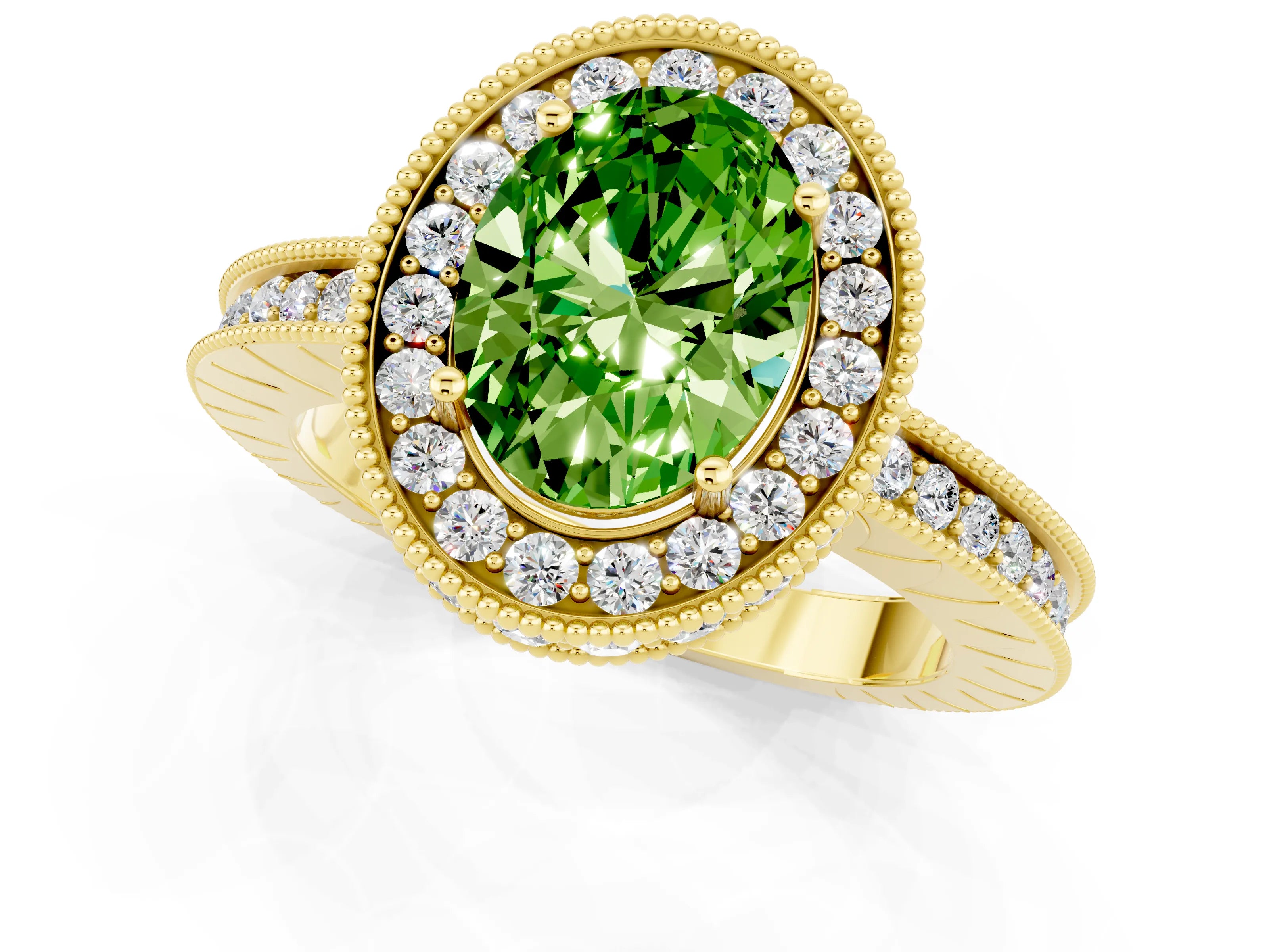 Yellow gold Oval Cut Halo Diamond Engagement Ring with Milgrain Pave Band and Four-Prong Setting_1