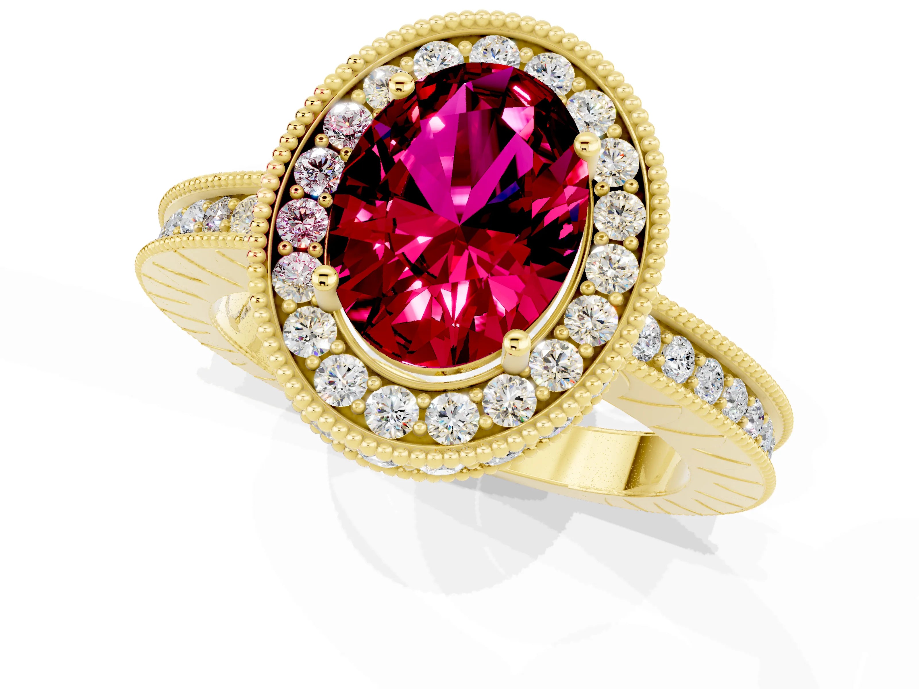 Yellow gold Oval Cut Halo Diamond Engagement Ring with Milgrain Pave Band and Four-Prong Setting_1