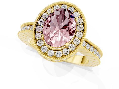 Yellow gold Oval Cut Halo Diamond Engagement Ring with Milgrain Pave Band and Four-Prong Setting_1