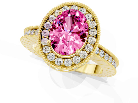 Yellow gold Oval Cut Halo Diamond Engagement Ring with Milgrain Pave Band and Four-Prong Setting_1
