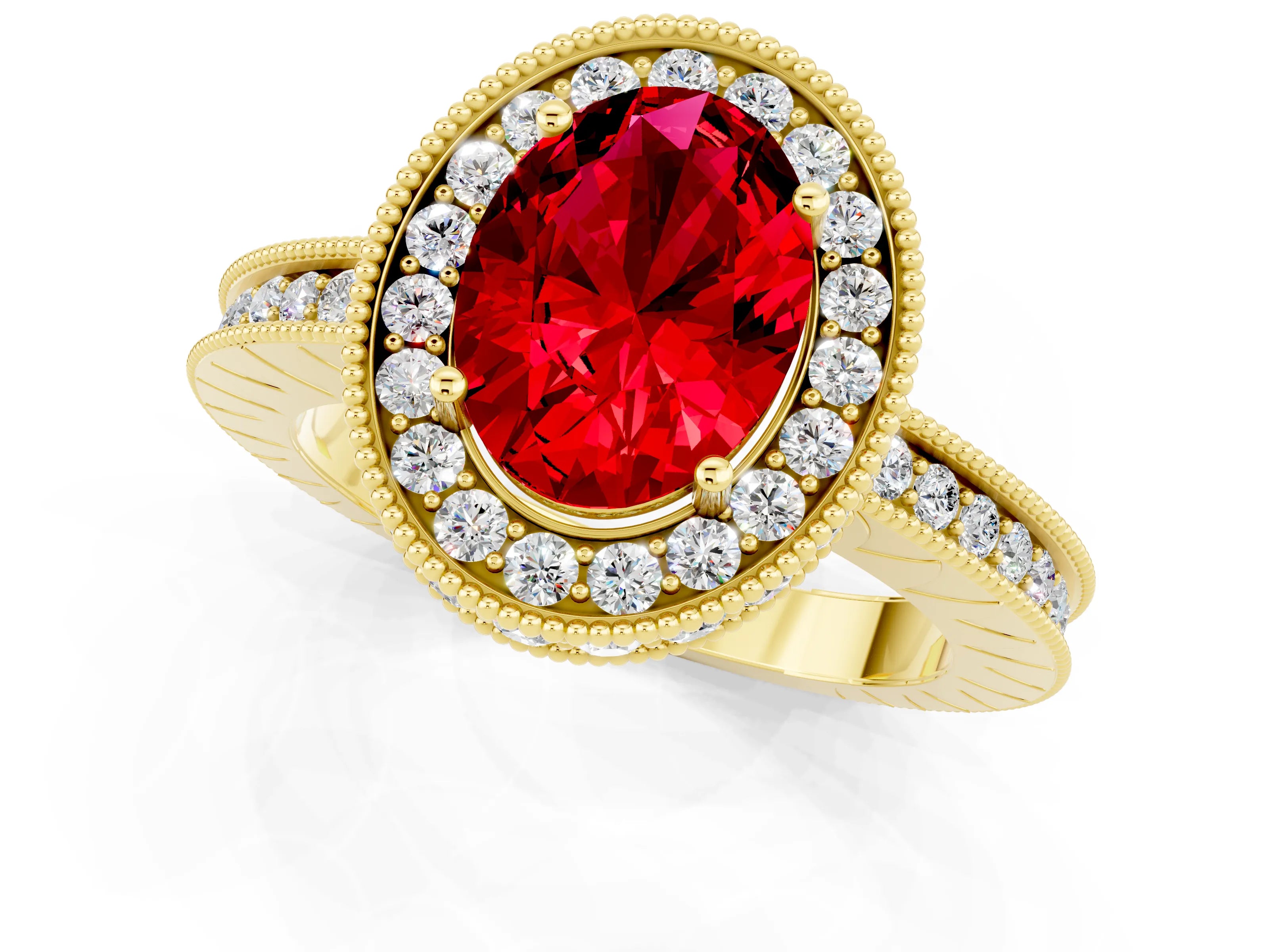 Yellow gold Oval Cut Halo Diamond Engagement Ring with Milgrain Pave Band and Four-Prong Setting_1