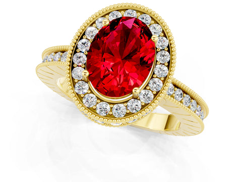 Yellow gold Oval Cut Halo Diamond Engagement Ring with Milgrain Pave Band and Four-Prong Setting_1