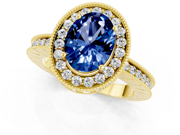 Yellow gold Oval Cut Halo Diamond Engagement Ring with Milgrain Pave Band and Four-Prong Setting