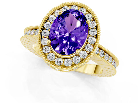 Yellow gold Oval Cut Halo Diamond Engagement Ring with Milgrain Pave Band and Four-Prong Setting_1