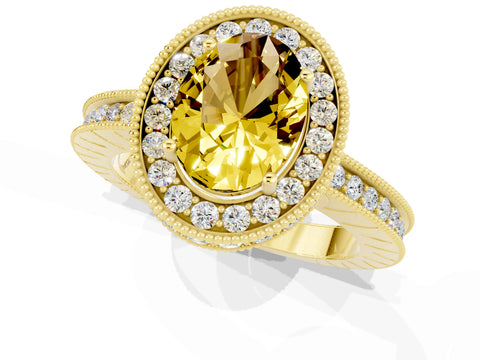 Yellow gold Oval Cut Halo Diamond Engagement Ring with Milgrain Pave Band and Four-Prong Setting_1